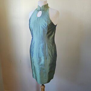 Vintage 90s Sage Green Shantung Silk Vietnamese Shift Wiggle Cocktail Dress S/M